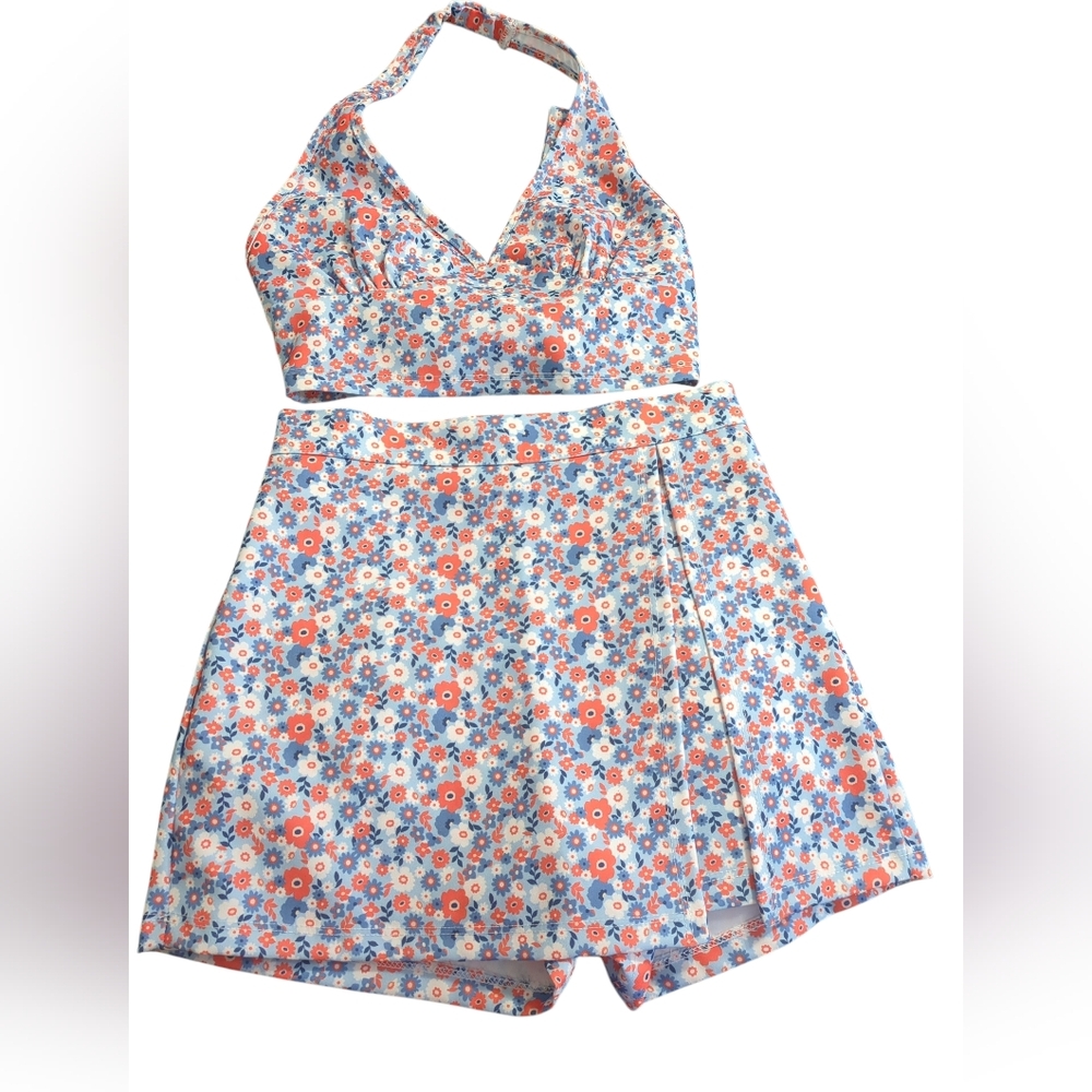 Altar'd State Blue and Red Floral Garment  Set Top And Skirt Size XS